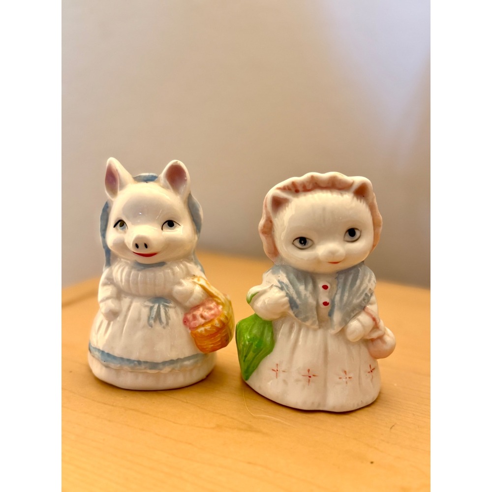 Vintage Bone China Anthropomorphic Pig and Cat Figurines Set of 2 Taiwan